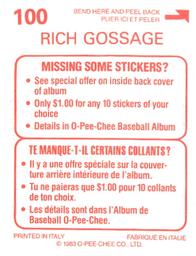 1983 O-Pee-Chee Stickers #100 Rich Gossage Back