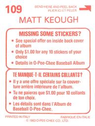 1983 O-Pee-Chee Stickers #109 Matt Keough Back