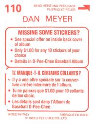 1983 O-Pee-Chee Stickers #110 Dan Meyer Back