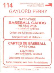 1983 O-Pee-Chee Stickers #114 Gaylord Perry Back
