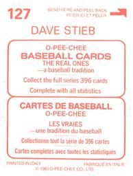 1983 O-Pee-Chee Stickers #127 Dave Stieb Back