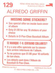 1983 O-Pee-Chee Stickers #129 Alfredo Griffin Back