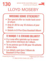 1983 O-Pee-Chee Stickers #130 Lloyd Moseby Back