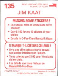 1983 O-Pee-Chee Stickers #135 Jim Kaat Back