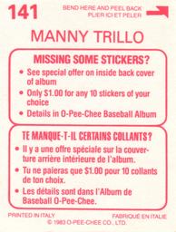 1983 O-Pee-Chee Stickers #141 Manny Trillo Back