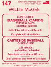 1983 O-Pee-Chee Stickers #147 Willie McGee Back
