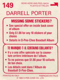 1983 O-Pee-Chee Stickers #149 Darrell Porter Back
