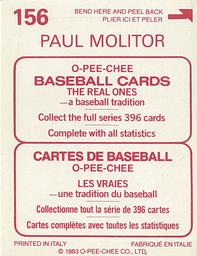 1983 O-Pee-Chee Stickers #156 Paul Molitor Back