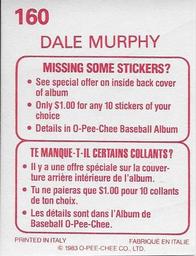1983 O-Pee-Chee Stickers #160 Dale Murphy Back