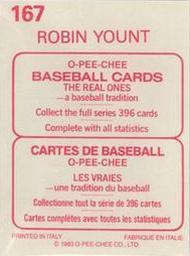 1983 O-Pee-Chee Stickers #167 Robin Yount Back