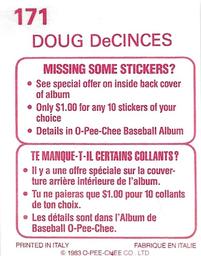 1983 O-Pee-Chee Stickers #171 Doug DeCinces Back