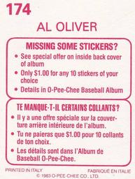 1983 O-Pee-Chee Stickers #174 Al Oliver Back