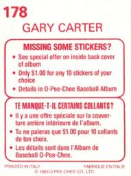 1983 O-Pee-Chee Stickers #178 Gary Carter Back