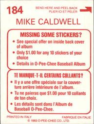 1983 O-Pee-Chee Stickers #184 Mike Caldwell Back