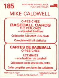 1983 O-Pee-Chee Stickers #185 Mike Caldwell Back