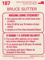 1983 O-Pee-Chee Stickers #187 Bruce Sutter Back