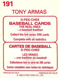 1983 O-Pee-Chee Stickers #191 Tony Armas Back