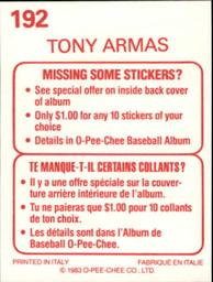 1983 O-Pee-Chee Stickers #192 Tony Armas Back