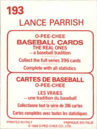 1983 O-Pee-Chee Stickers #193 Lance Parrish Back