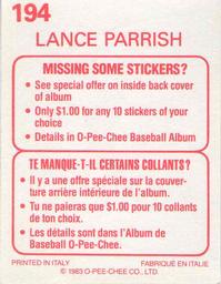 1983 O-Pee-Chee Stickers #194 Lance Parrish Back