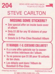 1983 O-Pee-Chee Stickers #204 Steve Carlton Back