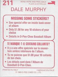 1983 O-Pee-Chee Stickers #211 Dale Murphy Back