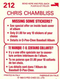 1983 O-Pee-Chee Stickers #212 Chris Chambliss Back