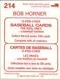 1983 O-Pee-Chee Stickers #214 Bob Horner Back