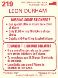 1983 O-Pee-Chee Stickers #219 Leon Durham Back