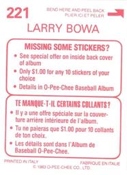 1983 O-Pee-Chee Stickers #221 Larry Bowa Back