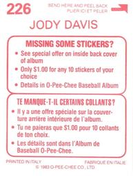 1983 O-Pee-Chee Stickers #226 Jody Davis Back