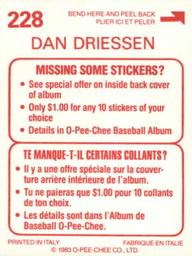 1983 O-Pee-Chee Stickers #228 Dan Driessen Back