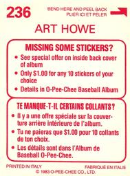 1983 O-Pee-Chee Stickers #236 Art Howe Back