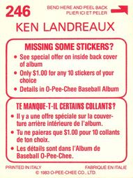 1983 O-Pee-Chee Stickers #246 Ken Landreaux Back