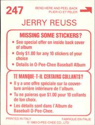 1983 O-Pee-Chee Stickers #247 Jerry Reuss Back