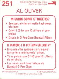 1983 O-Pee-Chee Stickers #251 Al Oliver Back