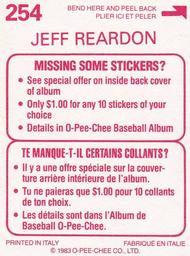 1983 O-Pee-Chee Stickers #254 Jeff Reardon Back