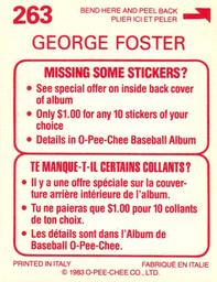 1983 O-Pee-Chee Stickers #263 George Foster Back