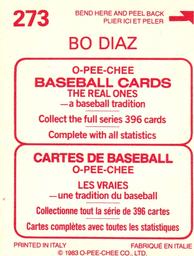 1983 O-Pee-Chee Stickers #273 Bo Diaz Back