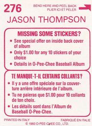 1983 O-Pee-Chee Stickers #276 Jason Thompson Back