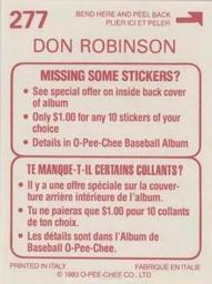 1983 O-Pee-Chee Stickers #277 Don Robinson Back
