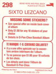 1983 O-Pee-Chee Stickers #298 Sixto Lezcano Back