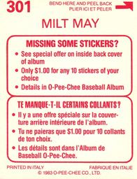 1983 O-Pee-Chee Stickers #301 Milt May Back