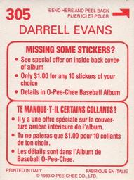 1983 O-Pee-Chee Stickers #305 Darrell Evans Back