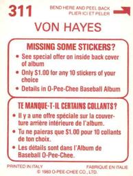 1983 O-Pee-Chee Stickers #311 Von Hayes Back