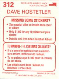 1983 O-Pee-Chee Stickers #312 Dave Hostetler Back