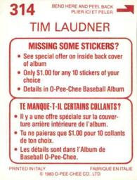 1983 O-Pee-Chee Stickers #314 Tim Laudner Back