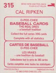 1983 O-Pee-Chee Stickers #315 Cal Ripken Back