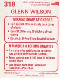 1983 O-Pee-Chee Stickers #318 Glenn Wilson Back