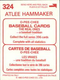 1983 O-Pee-Chee Stickers #324 Atlee Hammaker Back